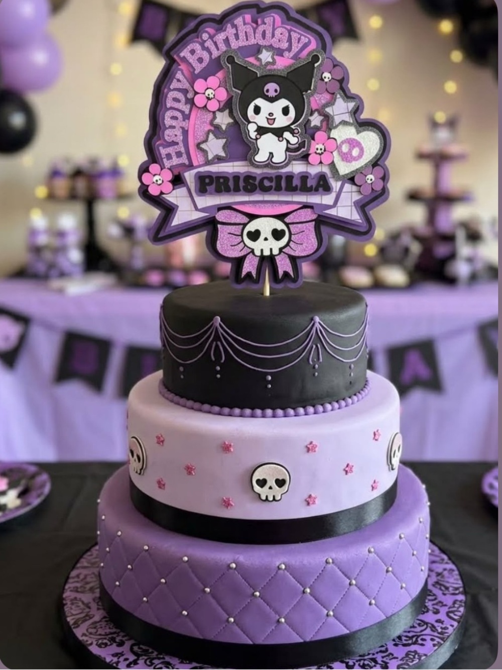 Kuromi Personalized Purple Skull Birthday Cake Topper - Custom Name